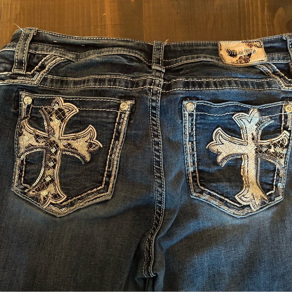 Miss Me Blue Boot Cut Jeans with Ornate Embellishments